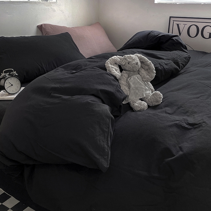 91家纺网 家纺一手货源 找家纺 2024新款A类全棉纯棉纯色双拼色织水洗棉四件套 黑色