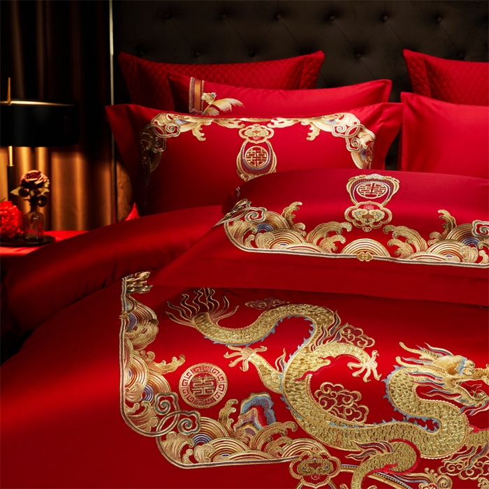 91家纺网 家纺一手货源 找家纺 美娘阁 2025新款长绒棉贡缎新中式古典韵味精美刺绣婚庆四件套多件套系列 龙凤喜事