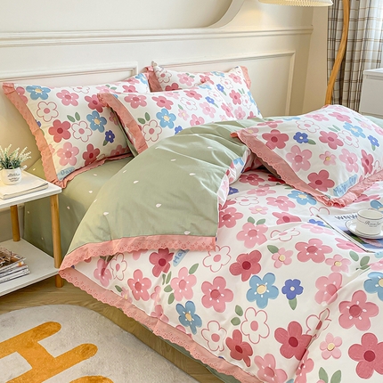 宇彬家纺 2024直播新款13372全棉纯棉韩版刺绣花边和印花花边床单床笠款四件套和单被套喷气清新 刺绣花边-花儿朵朵-粉