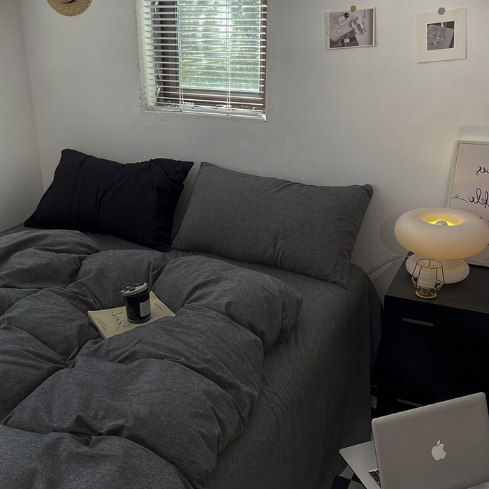 91家纺网 家纺一手货源 找家纺 2024新款A类全棉纯棉纯色双拼色织水洗棉四件套 深灰色