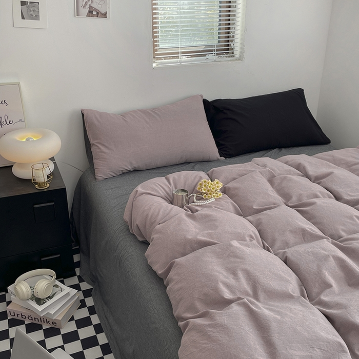 91家纺网 家纺一手货源 找家纺 2024新款A类全棉纯棉纯色双拼色织水洗棉四件套 豆沙拼深灰