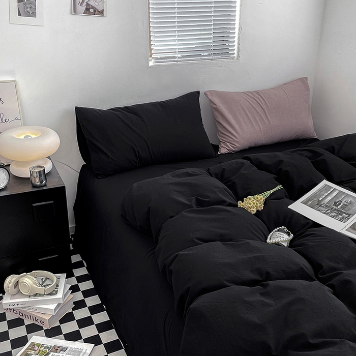 91家纺网 家纺一手货源 找家纺 2024新款A类全棉纯棉纯色双拼色织水洗棉四件套 黑色