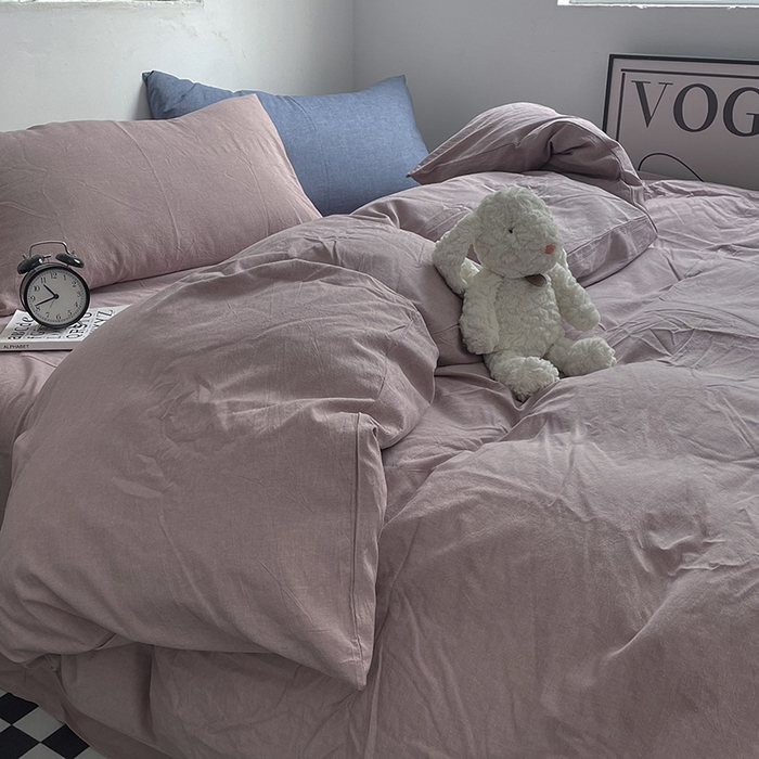 91家纺网 家纺一手货源 找家纺 2024新款A类全棉纯棉纯色双拼色织水洗棉四件套 豆沙色