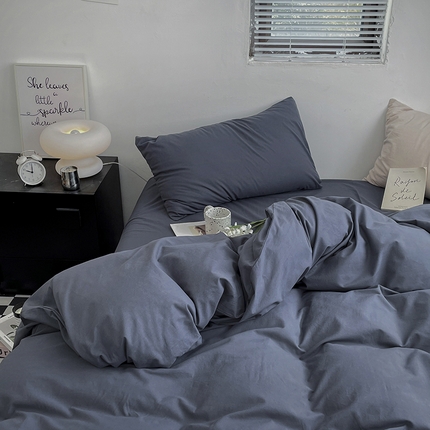 2024新款A类全棉纯棉纯色双拼色织水洗棉四件套 静蓝