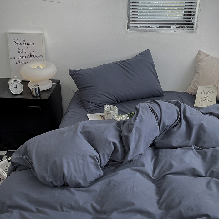 91家纺网 家纺一手货源 找家纺 2024新款A类全棉纯棉纯色双拼色织水洗棉四件套 静蓝