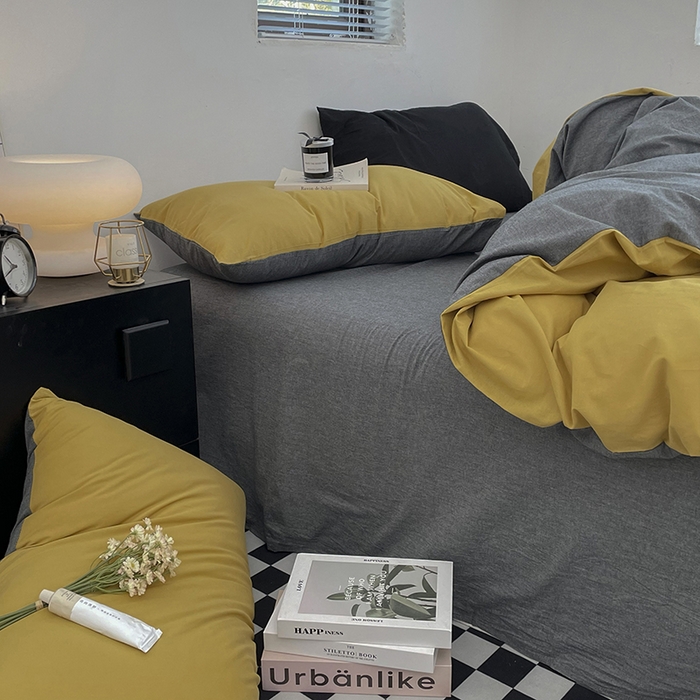 91家纺网 家纺一手货源 找家纺 2024新款A类全棉纯棉纯色双拼色织水洗棉四件套 姜黄拼深灰