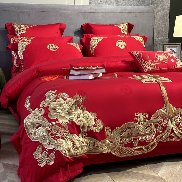 91家纺网 家纺一手货源 找家纺 美娘阁 2025新款长绒棉贡缎提花款新中式古典韵味精美刺绣婚庆四件套多件套 花开并蒂(金）