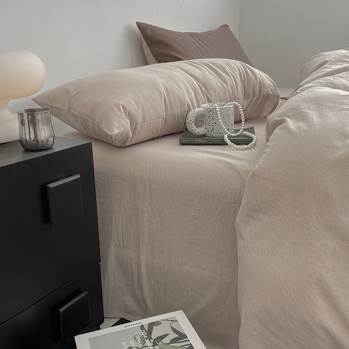 91家纺网 家纺一手货源 找家纺 2024新款A类全棉纯棉纯色双拼色织水洗棉四件套 卡其