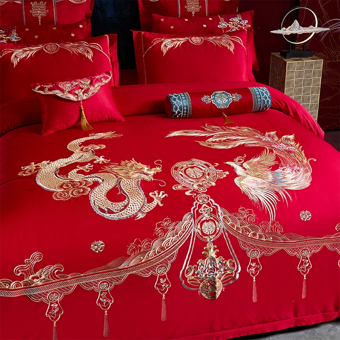 91家纺网 家纺一手货源 找家纺 振翼 2025新款40s全棉丝光喷气婚庆四件套多件套1 龙凤之恋