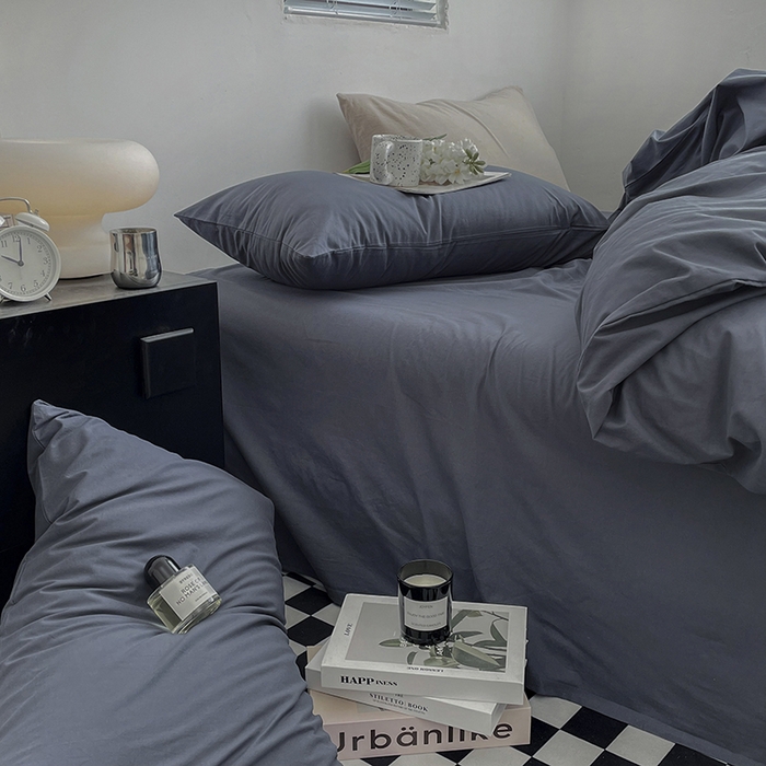 91家纺网 家纺一手货源 找家纺 2024新款A类全棉纯棉纯色双拼色织水洗棉四件套 静蓝