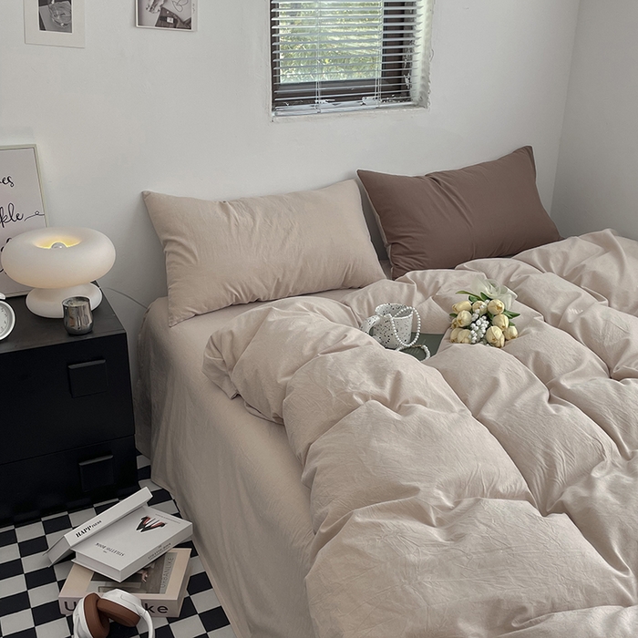 91家纺网 家纺一手货源 找家纺 2024新款A类全棉纯棉纯色双拼色织水洗棉四件套 卡其