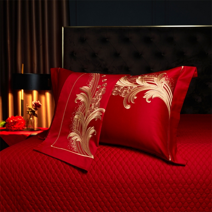 91家纺网 家纺一手货源 找家纺 美娘阁 2025新款长绒棉贡缎新中式古典韵味精美刺绣婚庆四件套多件套系列 玫瑰恋人（金）