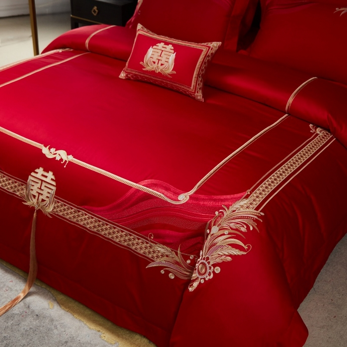 91家纺网 家纺一手货源 找家纺 美娘阁 2025新款长绒棉贡缎新中式古典韵味精美刺绣婚庆四件套多件套系列 缘定三生（金）