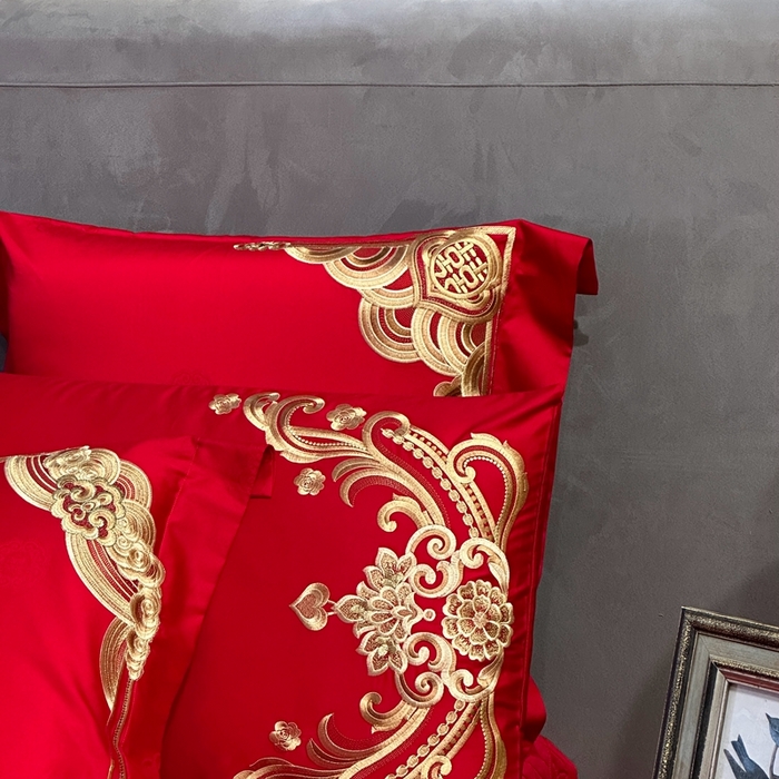 91家纺网 家纺一手货源 找家纺 美娘阁 2025新款长绒棉贡缎提花款新中式古典韵味精美刺绣婚庆四件套多件套 花开并蒂(金）