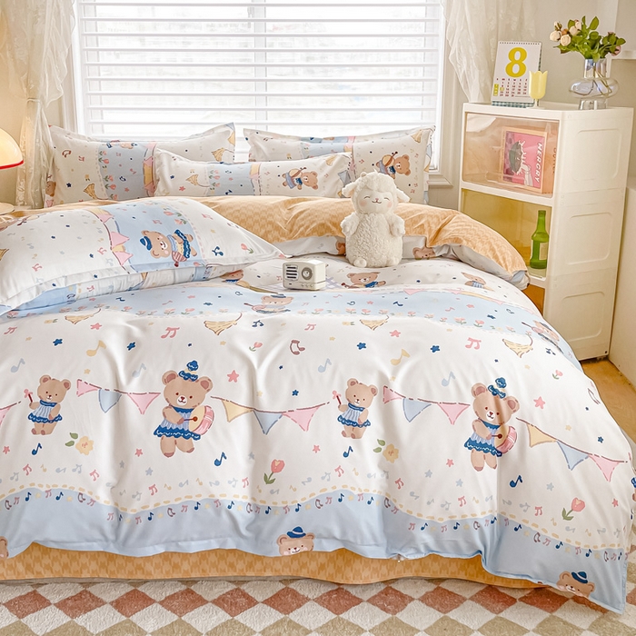 91家纺网 家纺一手货源 找家纺 楠沐家纺 （套件）2025新款亲肤芦荟棉美棉磨毛印花四件套(第二批) 派对熊