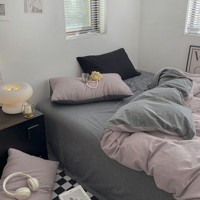 91家纺网 家纺一手货源 找家纺 2024新款A类全棉纯棉纯色双拼色织水洗棉四件套 豆沙拼深灰