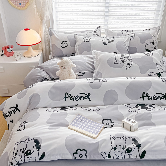 91家纺网 家纺一手货源 找家纺 楠沐家纺 （套件）2025新款亲肤芦荟棉美棉磨毛印花四件套(第二批) 牛奶大耳狗