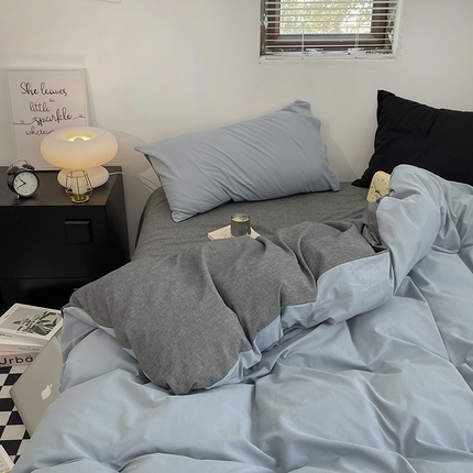 2024新款A类全棉纯棉纯色双拼色织水洗棉四件套 雾蓝拼深灰