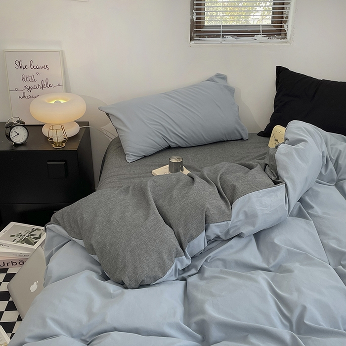 91家纺网 家纺一手货源 找家纺 2024新款A类全棉纯棉纯色双拼色织水洗棉四件套 雾蓝拼深灰