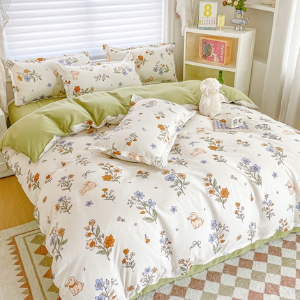 楠沐家纺 2025年新款亲肤水洗棉芦荟棉磨毛单被套（第二批） 花丛兔