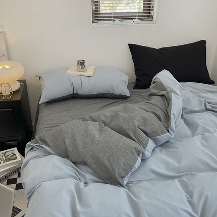 91家纺网 家纺一手货源 找家纺 2024新款A类全棉纯棉纯色双拼色织水洗棉四件套 雾蓝拼深灰