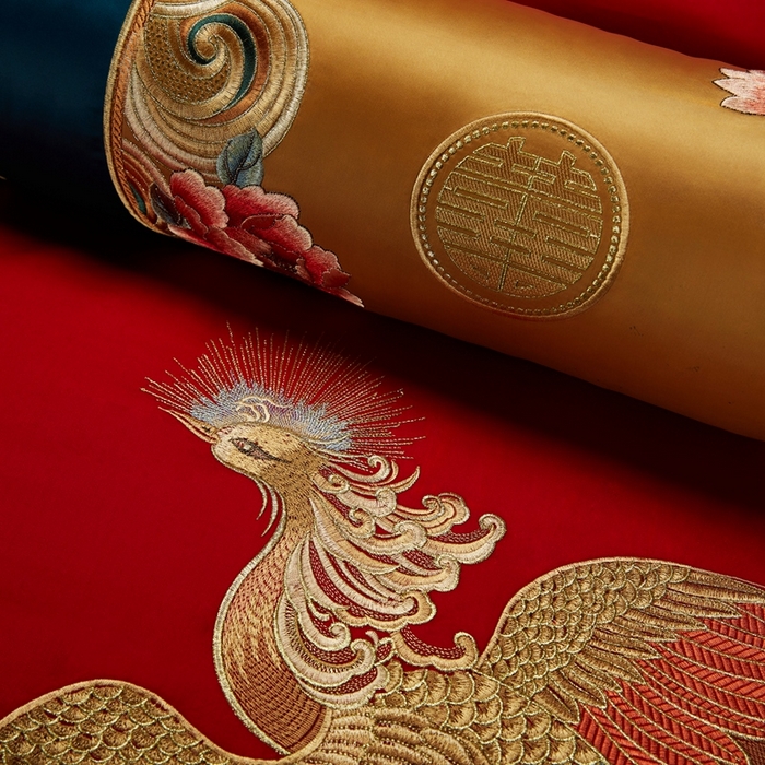 91家纺网 家纺一手货源 找家纺 美娘阁 2025新款长绒棉贡缎新中式古典韵味精美刺绣婚庆四件套多件套系列 九五至尊