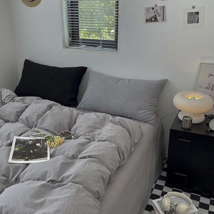 91家纺网 家纺一手货源 找家纺 2024新款A类全棉纯棉纯色双拼色织水洗棉四件套 浅灰色