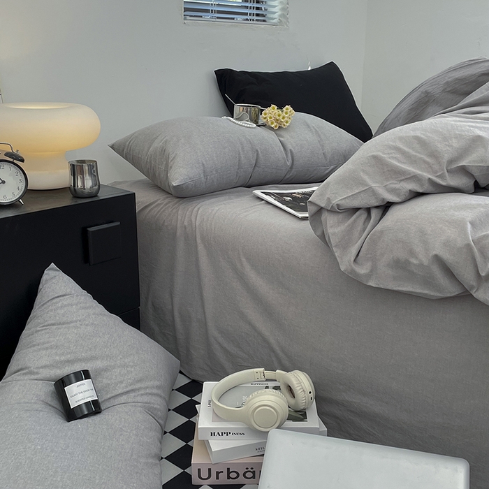 91家纺网 家纺一手货源 找家纺 2024新款A类全棉纯棉纯色双拼色织水洗棉四件套 浅灰色