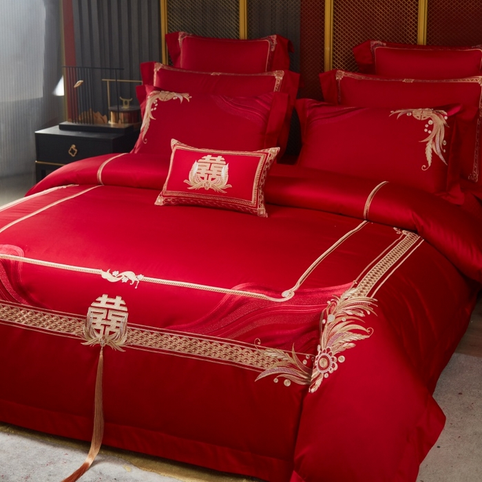 91家纺网 家纺一手货源 找家纺 美娘阁 2025新款长绒棉贡缎新中式古典韵味精美刺绣婚庆四件套多件套系列 缘定三生（金）