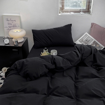 2024新款A类全棉纯棉纯色双拼色织水洗棉四件套 黑色