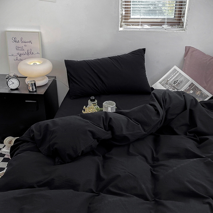 91家纺网 家纺一手货源 找家纺 2024新款A类全棉纯棉纯色双拼色织水洗棉四件套 黑色