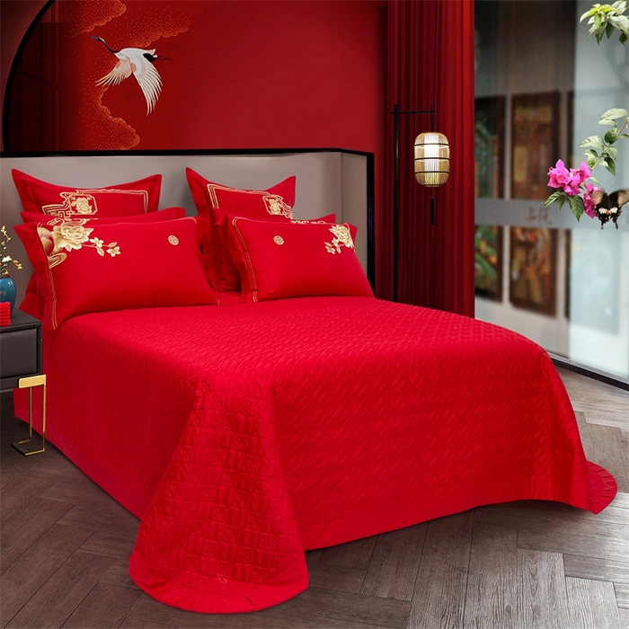 91家纺网 家纺一手货源 找家纺 美娘阁 2025新款长绒棉贡缎提花款新中式古典韵味精美刺绣婚庆四件套多件套 花香四溢（金）