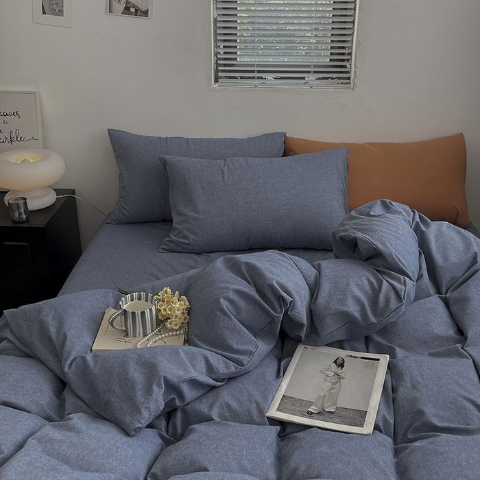 91家纺网 家纺一手货源 找家纺 2024新款A类全棉纯棉纯色双拼色织水洗棉四件套 牛仔蓝