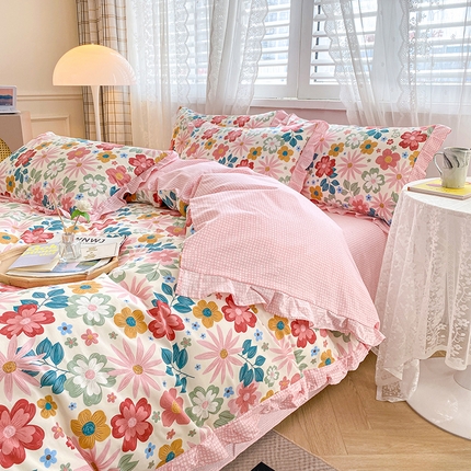 宇彬家纺 2024直播新款13372全棉纯棉韩版刺绣花边和印花花边床单床笠款四件套和单被套喷气清新 印花花边-米兰春天