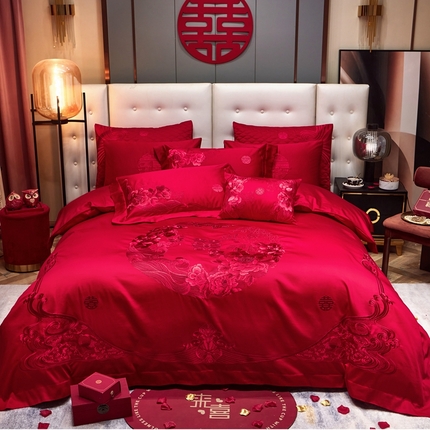 美娘阁 2025新款长绒棉贡缎新中式古典韵味精美刺绣婚庆四件套多件套系列 全心全意