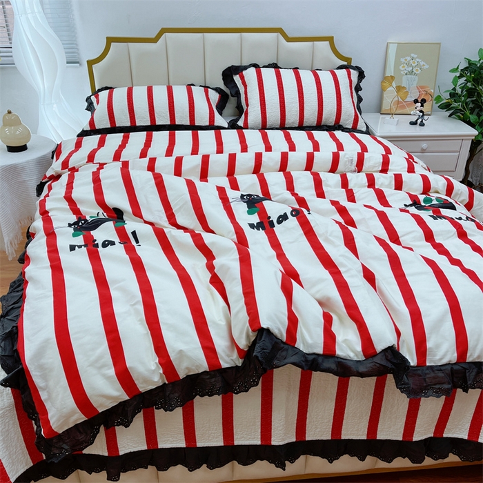 91家纺网 家纺一手货源 找家纺 暖居 2024新款砂洗棉花被套全棉床盖四件套绗缝夹棉纯棉床盖三件套条纹猫