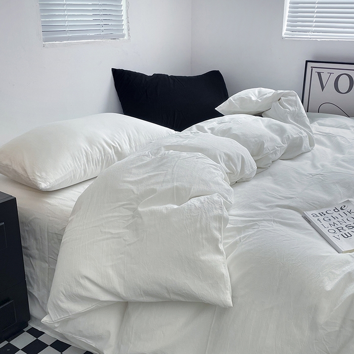 91家纺网 家纺一手货源 找家纺 2024新款A类全棉纯棉纯色双拼色织水洗棉四件套 雅白