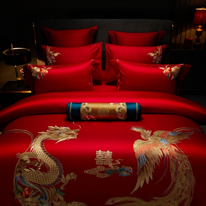 91家纺网 家纺一手货源 找家纺 美娘阁 2025新款长绒棉贡缎新中式古典韵味精美刺绣婚庆四件套多件套系列 九五至尊