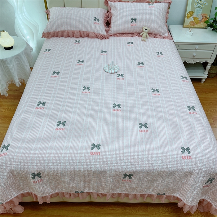 91家纺网 家纺一手货源 找家纺 暖居 2024新款砂洗棉花被套全棉床盖四件套绗缝夹棉纯棉床盖三件套蝴蝶结