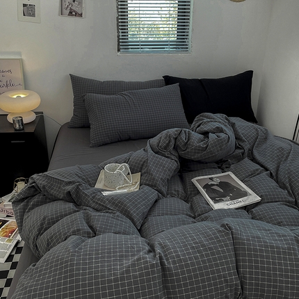 91家纺网 家纺一手货源 找家纺 2024新款A类全棉纯棉纯色双拼色织水洗棉四件套 小灰格