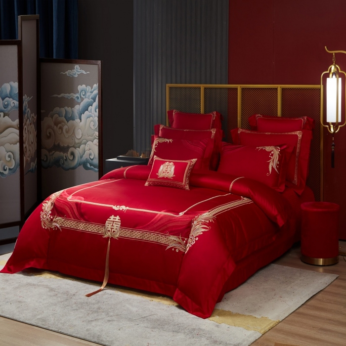 91家纺网 家纺一手货源 找家纺 美娘阁 2025新款长绒棉贡缎新中式古典韵味精美刺绣婚庆四件套多件套系列 缘定三生（金）