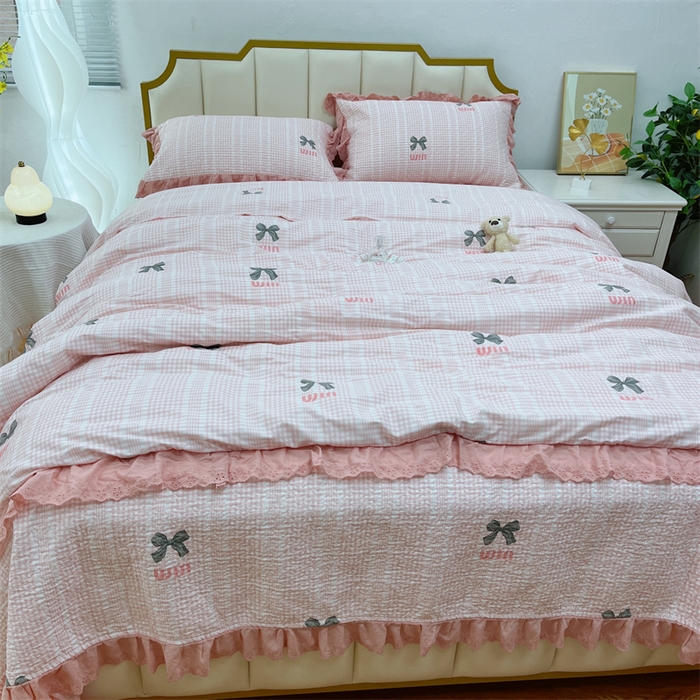 91家纺网 家纺一手货源 找家纺 暖居 2024新款砂洗棉花被套全棉床盖四件套绗缝夹棉纯棉床盖三件套蝴蝶结