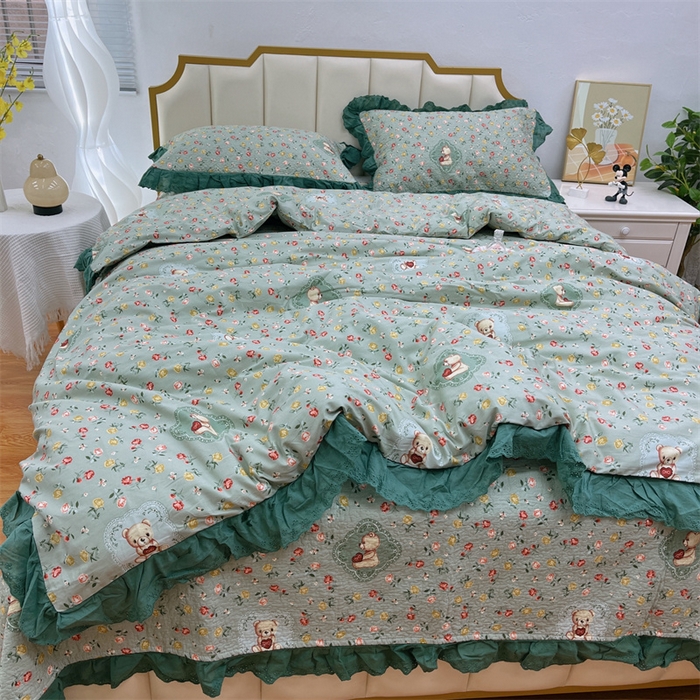 91家纺网 家纺一手货源 找家纺 暖居 2024新款砂洗棉花被套全棉床盖四件套绗缝夹棉纯棉床盖三件套小熊宝绿