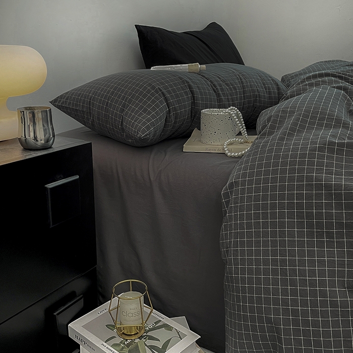 91家纺网 家纺一手货源 找家纺 2024新款A类全棉纯棉纯色双拼色织水洗棉四件套 小灰格