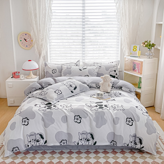 91家纺网 家纺一手货源 找家纺 楠沐家纺 （套件）2025新款亲肤芦荟棉美棉磨毛印花四件套(第二批) 牛奶大耳狗