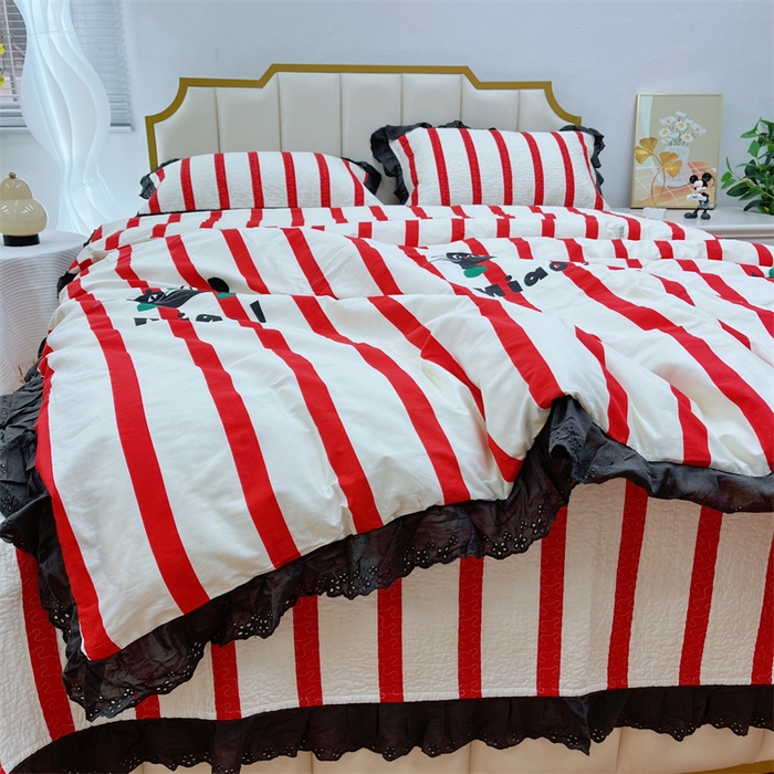 91家纺网 家纺一手货源 找家纺 暖居 2024新款砂洗棉花被套全棉床盖四件套绗缝夹棉纯棉床盖三件套条纹猫