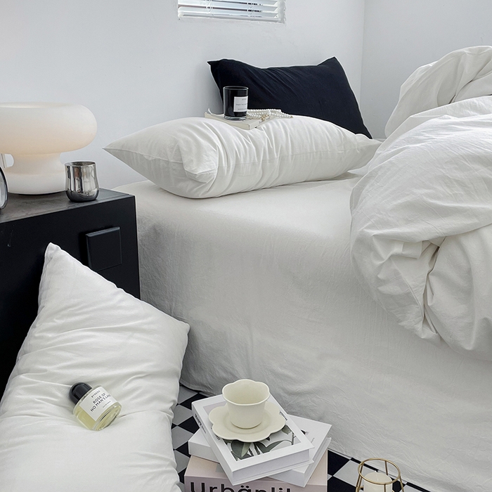 91家纺网 家纺一手货源 找家纺 2024新款A类全棉纯棉纯色双拼色织水洗棉四件套 雅白