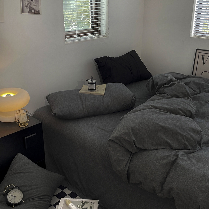 91家纺网 家纺一手货源 找家纺 2024新款A类全棉纯棉纯色双拼色织水洗棉四件套 深灰色