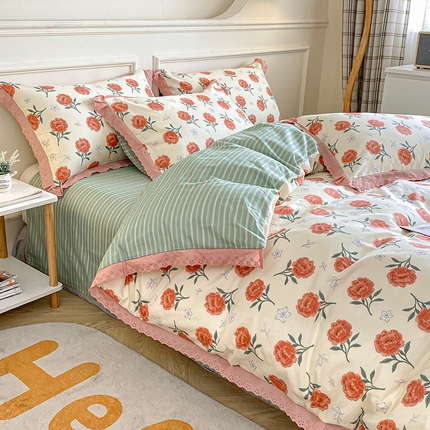 宇彬家纺 2024直播新款13372全棉纯棉韩版刺绣花边和印花花边床单床笠款四件套和单被套喷气清新 刺绣花边-浅尝春色