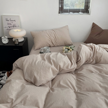 2024新款A类全棉纯棉纯色双拼色织水洗棉四件套 卡其